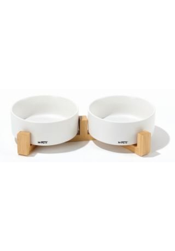 OPERA COMEDERO CERAMICA CON PIE DE BAMBOO 2X350 ML - BLANCO